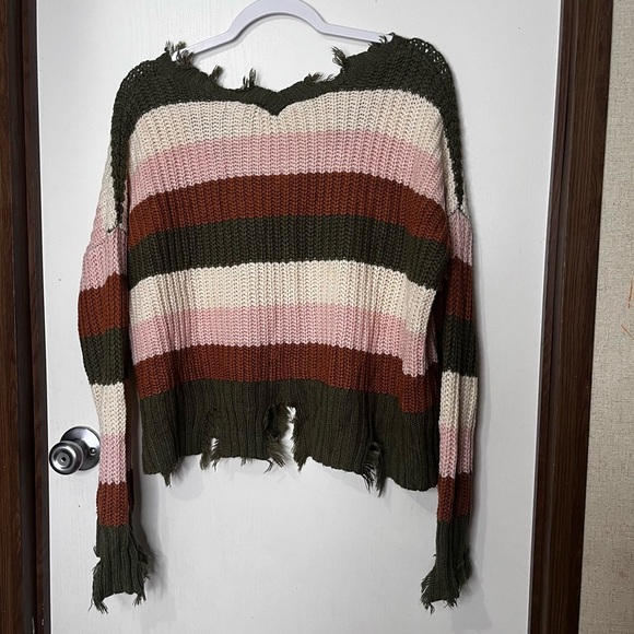 Wonderly Distressed Striped V-Neck Sweater - Olive, Pink, Brown - Picture 2 of 7